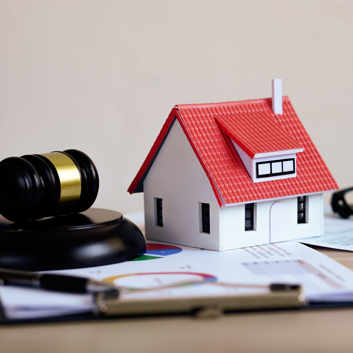 Mazo judicial junto a maqueta de vivienda y documentos: resolución por incumplimiento y retención de cantidades