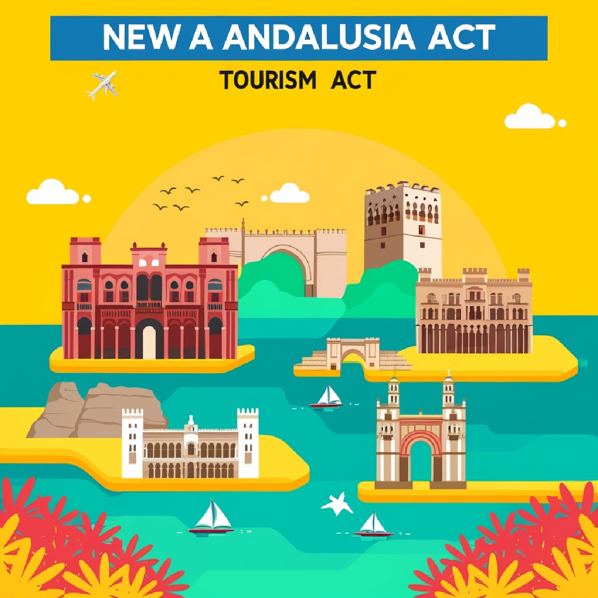 Ilustración de Andalucía con monumentos y el texto “New Andalusia Act Tourism Act”