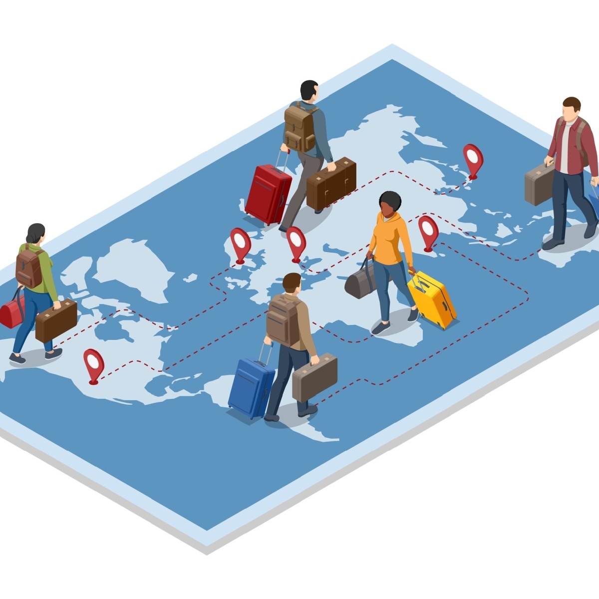 Viajeros con maletas y marcadores sobre un mapa, imagen de residencia fiscal y movilidad internacional para Ley Beckham y donaciones del extranjero.