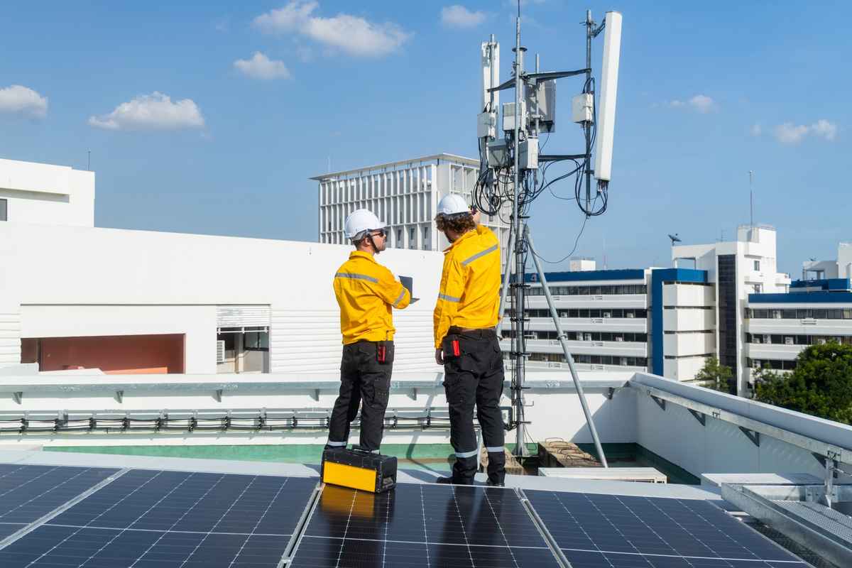 Ingenieros revisando una antena de telecomunicaciones en cubierta para despliegue de redes y estaciones base