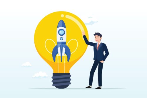 Ilustración de un emprendedor junto a una bombilla con un cohete en su interior.
