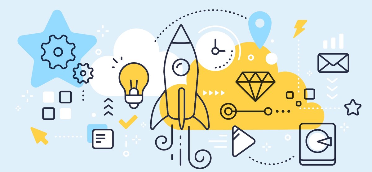 Ilustración de un cohete e iconos empresariales para la revisión del proyecto ante un requerimiento de ENISA.